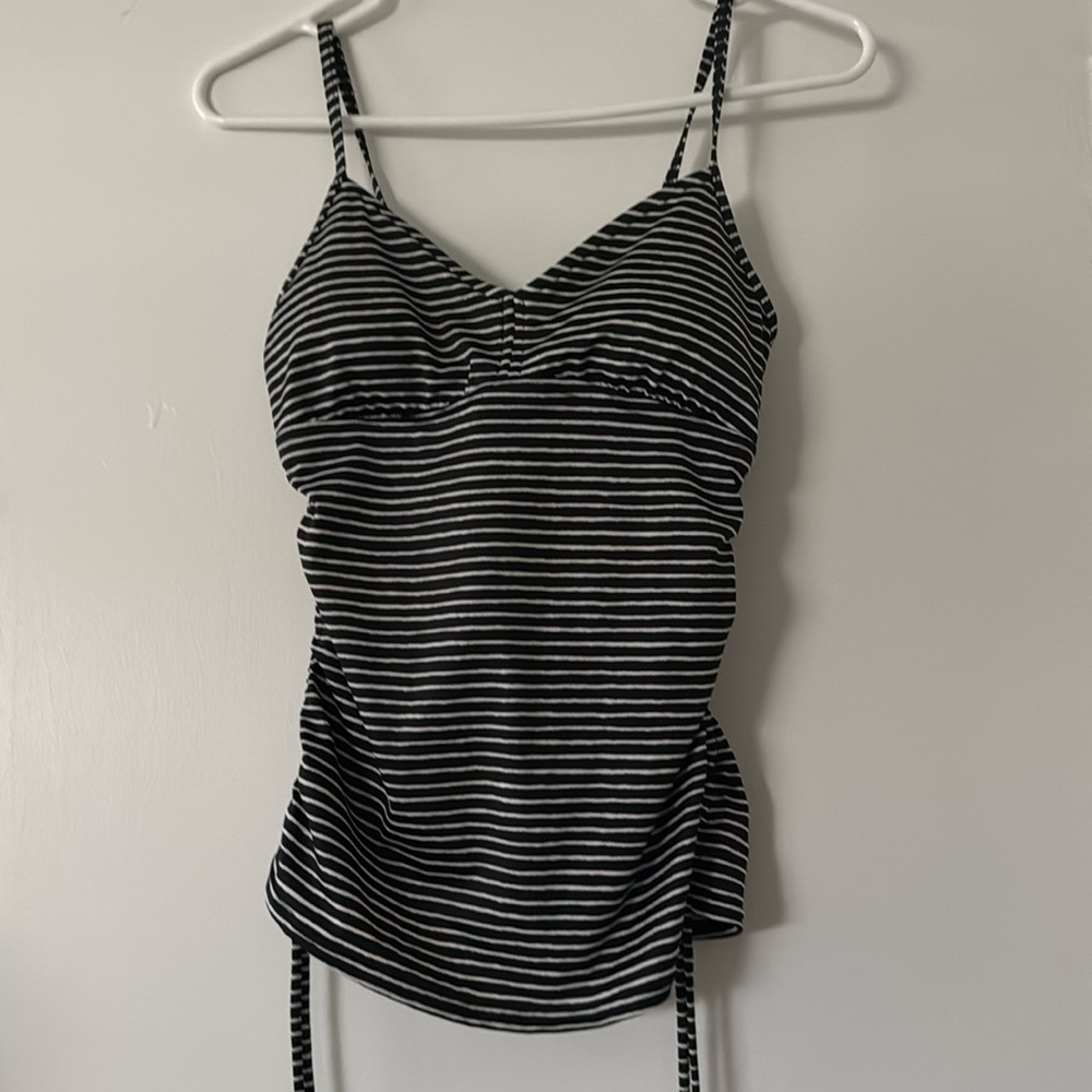 Prana Moorea Tankini Swim Top Striped Black White Ruched Sides Size Small